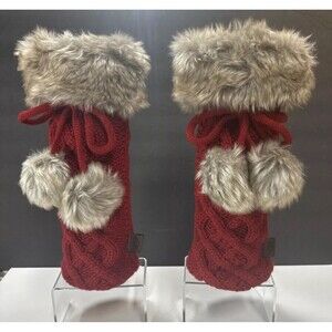 UGG Wine Bottle Holder Knit With Faux Fur Pom Pom's Red Knit Chocolate Fur X 2